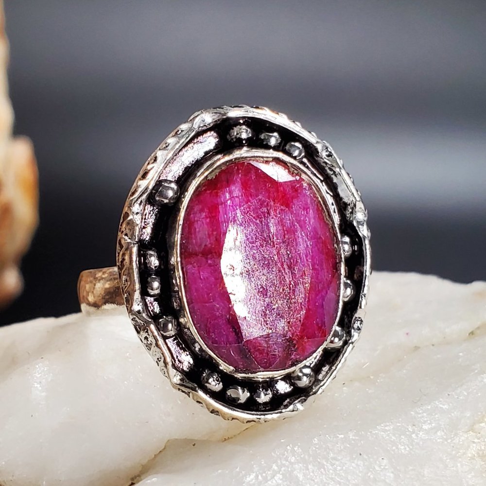 Genuine Cabochon Raw Pink Ruby Stone Silver Ring